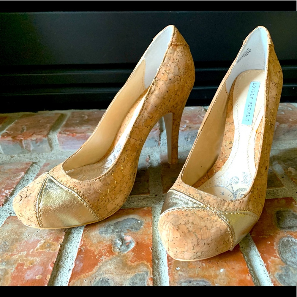 Cork and Gold Leather High Heel Pumps